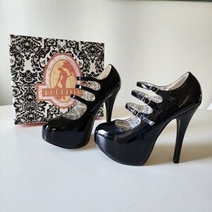 Bordello Teeze-05 Mary Jane Heels Womens 10 Black Patent Triple Strap Platform
